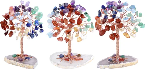 Vista 3 de Jovivi Árbol de cristales curativos naturales de 7 chakras en base de ágata, piedras curativas, árbol de dinero para Feng Shui, decoración de mesa