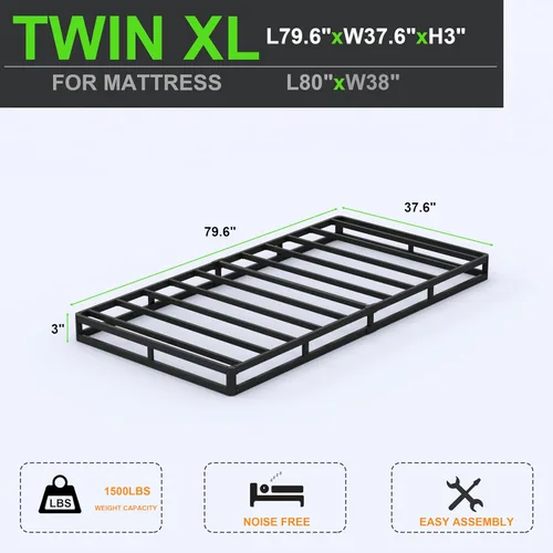 Vista 2 de Base de cama con somier de 3 pulgadas, tamaño individual, base de colchón de metal resistente con funda de tela, sin ruido, fácil montaje