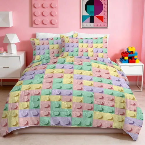 Vista 17 de BlessLiving Ropa de cama de bloques de construcción para niños: juego de edredón de microfibra cepillada suave para todas las estaciones con 2 3