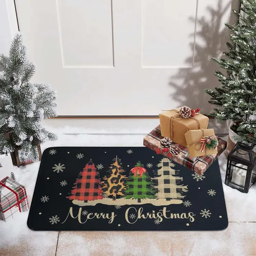 Vista 3 de Felpudo Decorativo de Navidad Feliz Navidad 30"x17" Negro, Alfombra de Puerta Temporada de Búfalo a Cuadros Árbol de Navidad Antideslizante Lavable