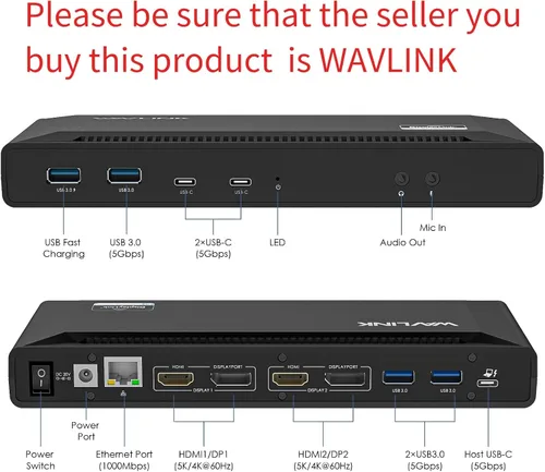 Vista 2 de WAVLINK Estación de acoplamiento universal USB C para laptop, monitores duales 5K/4K a 60Hz con carga de host de 65 W para Thunderbolt 4/3, USB-C
