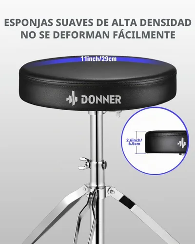 Vista 3 de Set de trono para batería de Donner, taburetes acolchados con altura ajustable, incluye baquetas 5A, múltiples versiones, opción confiable