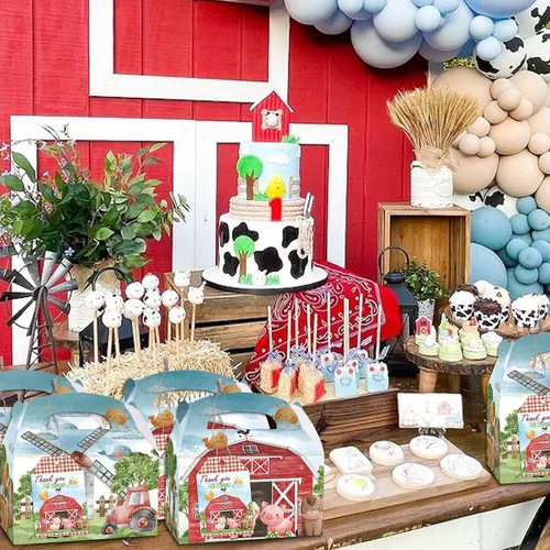 Vista 7 de Cajas de fiesta de granja, 12 cajas de regalo temáticas de granja con tarjetas de agradecimiento para cumpleaños, suministros de fiesta temática