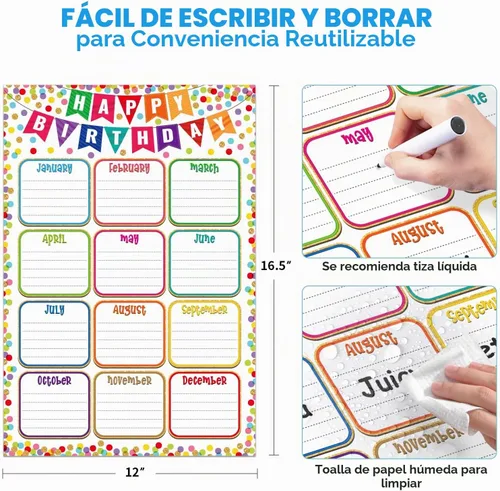 Vista 3 de FaCraft Póster reutilizable de cumpleaños para el aula, 11.2 x 16.5