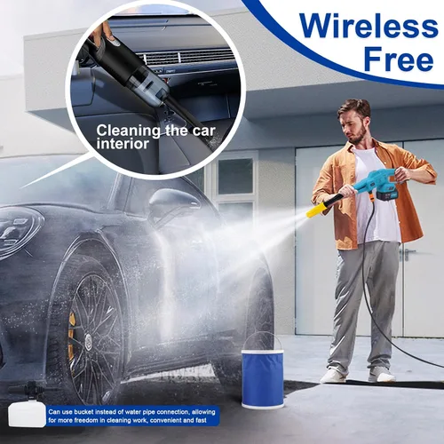 Vista 2 de Lavadora a presión inalámbrica y aspiradora de mano, 350 PSI, aspiradora recargable, potente 12000 PA, kit de limpieza portátil para automóvil