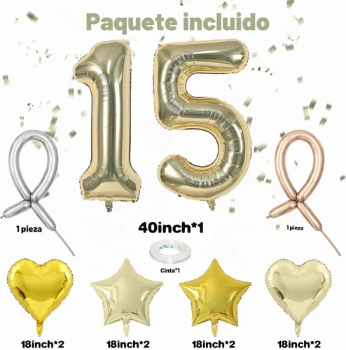 Vista 2 de Juego de Globos Dorados Número 15, Globos Dorados Número 15 para el 15º Cumpleaños, Globo de Oro de Lámina con Forma de Estrella y Corazón con Globo