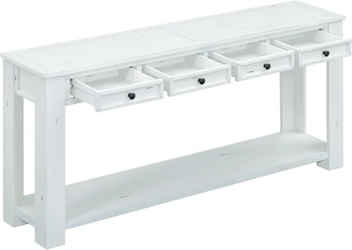 Vista 8 de JIVOIT Mesa consola rústica y elegante, mesa de consola rectangular de madera con cajones de almacenamiento y estante inferior para entrada Blanco