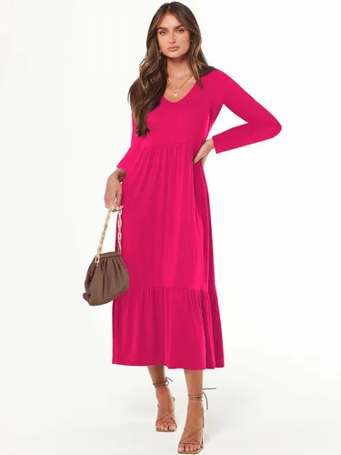 Vista 5 de Paintcolors Vestido largo casual de manga larga con cuello en V para mujer, vestido escalonado, color sólido, holgado, con vuelo, vestido midi