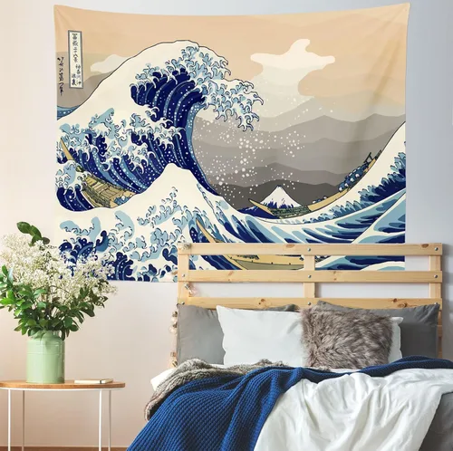 Vista 3 de CORFOTO Tapiz retro de 60 x 40 pulgadas, prefectura japonesa de Kanagawa, tapiz de ondas japonesas antiguas, tapices de estilo japonés