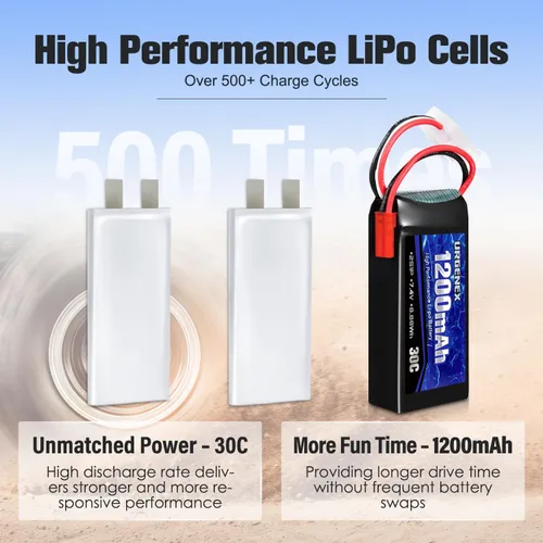 Vista 10 de Batería Lipo de 7.4 V con enchufe JST 2S 30C (60 C) batería de litio recargable de 1200 mAh compatible con UDIRC Cheewing y la mayoría de coches RC