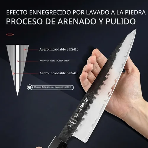 Vista 5 de Juego de cuchillos de cocina 4 piezas, cuchillo de chef de acero revestido Nakiri forjado Santoku, mango octogonal de madera