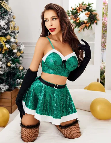 Vista 4 de Avidlove Conjunto de lencería de Navidad para mujer, lencería de Papá Noel, disfraz de lentejuelas, ropa de dormir