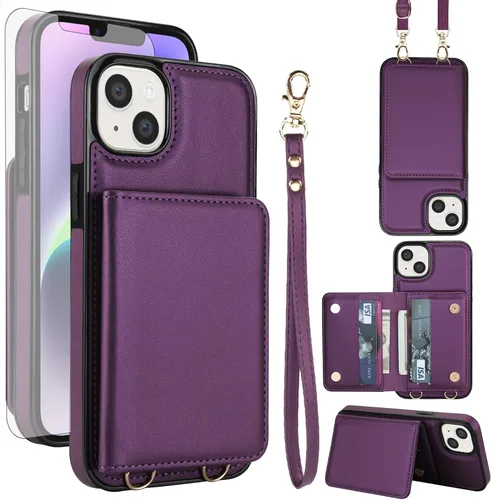 Vista 10 de Funda de teléfono para iPhone 13 Mini de 5.4 pulgadas con protector de pantalla de vidrio templado, correa de muñeca con bloqueo RFID, tarjetero
