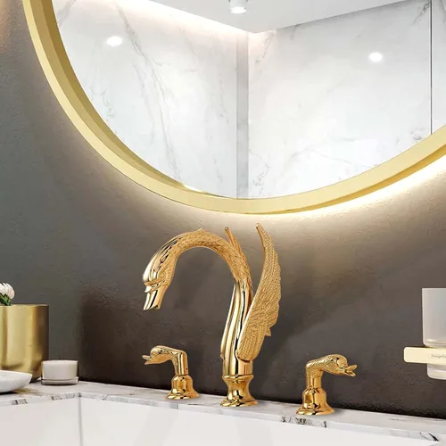 Vista 2 de Oro dorado adornado estilo cisne baño fregadero grifo combinado cubierta montaje fregadero mezclador grifo conjunto agua fría caliente