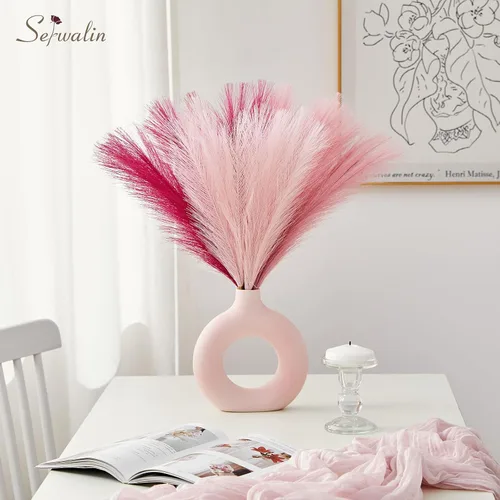 Vista 7 de Serwalin Decoración de zacate de las pampas rosa intenso, rosa rubor y rosa, 17.7 pulgadas 6 piezas de zacate de las pampas sintético, zacate A Abby