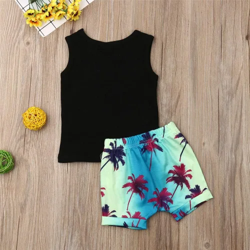 Vista 3 de Conjunto de 2 piezas de ropa de verano, con letras impresas, camiseta sin mangas y pantalón corto, para bebé