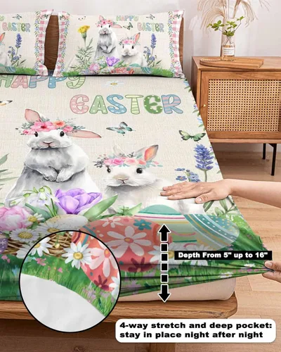 Vista 5 de Happy Easter - Juego de sábanas bajeras tamaño individual con diseño de conejo floral con mariposa, 2 sábanas y fundas de almohada, 1 colcha Beige