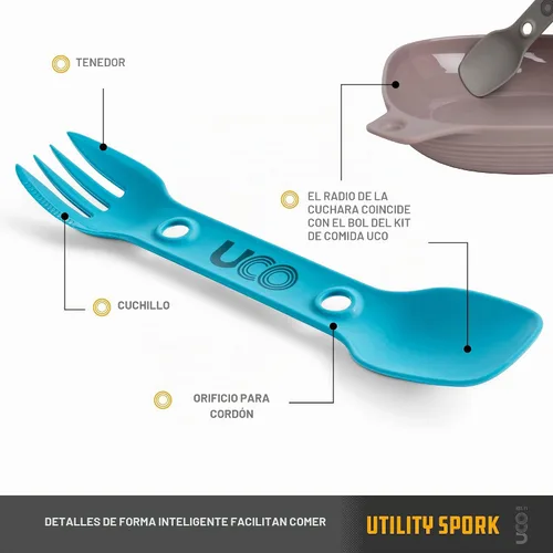 Vista 3 de UCO Utility Spork 3 en 1 Combo Cuchara-Tenedor Cuchillo Utensilio Dorado/azul cielo