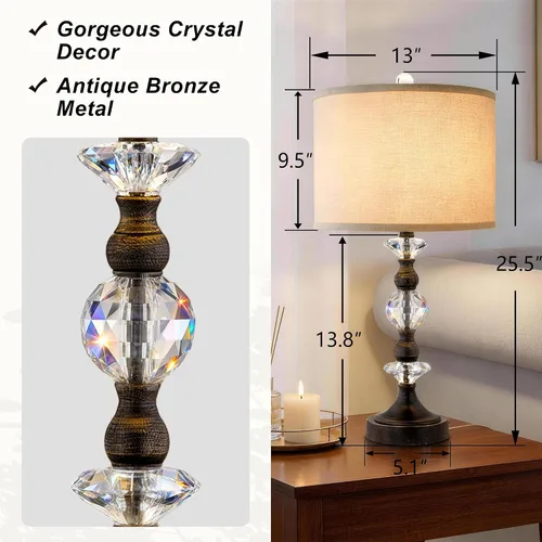 Vista 2 de Juego de 2 lámparas de mesa de cristal de 25.5" para dormitorio, lámparas de mesita de noche de bronce con puertos de carga USB A+C con pantalla