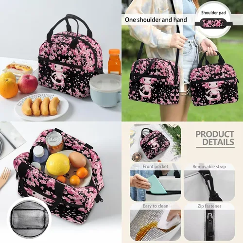 Vista 3 de Axolotl - Bolsas escolares para niños con estampado de flor de cerezo rosa con lonchera aislada, bolsa para lápices, soporte para botella de agua