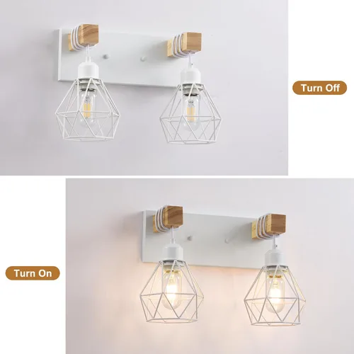 Vista 7 de Lámparas blancas para tocador de baño, luminarias de baño de madera de 2 luces sobre el espejo, apliques rústicos de pared con elegante pantalla
