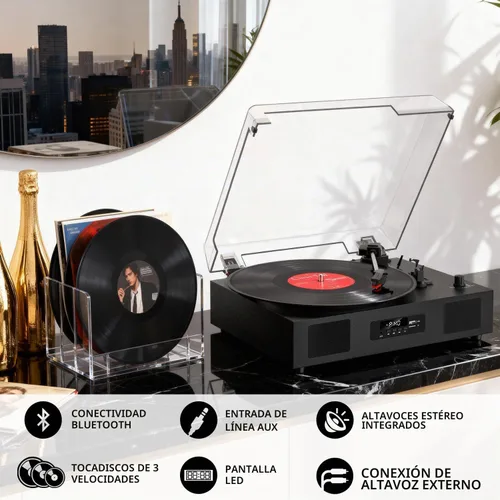Vista 2 de Tocadiscos de vinilo Bluetooth con dos altavoces incorporados, grabación USB, transmisión por correa, 3 velocidades, tocadiscos para discos