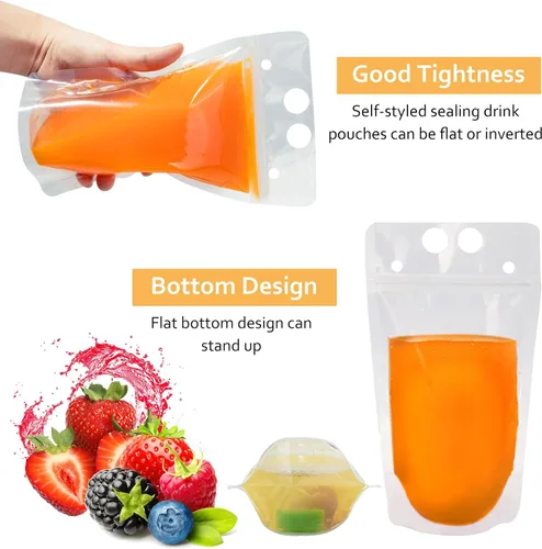 Vista 6 de Ozera Bolsas para bebidas, 100 bolsas reutilizables de 16 onzas para adultos, bolsas resistentes para adultos con embudo de pajita, bolsas de jugo
