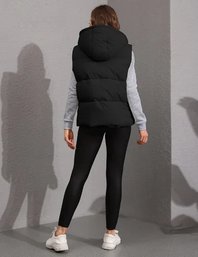 Vista 7 de Tanming Chaleco acolchado negro para mujer, con cremallera, ligero, sin mangas, para invierno, con capucha