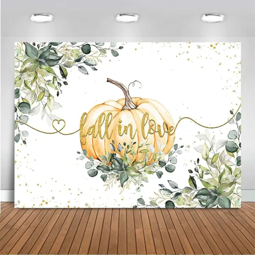 Vista 8 de Mocsicka Fondo de fondo de otoño enamorado, tema de boda, hojas de eucalipto verdes, lunares dorados, calabaza, fondo de vinilo, calabaza