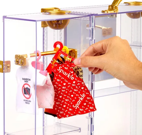 Vista 7 de Rainbow High Armario de moda de lujo para más de 400 looks. Juego portátil de acrílico transparente con más de 31 ropa y accesorios de muñeca