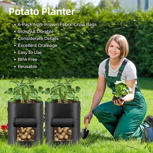 Vista 7 de Paquete de 6 bolsas de cultivo de papas, bolsas de plantación de 10 galones, macetas grandes de tela con ventana de solapa, maceta de jardín, Negro