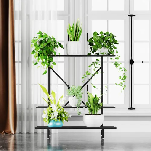 Vista 9 de Zhongma Soporte para plantas de 3 niveles que ahorra espacio, resistente para balcón, hogar, jardín, soporte de metal resistente para plantas
