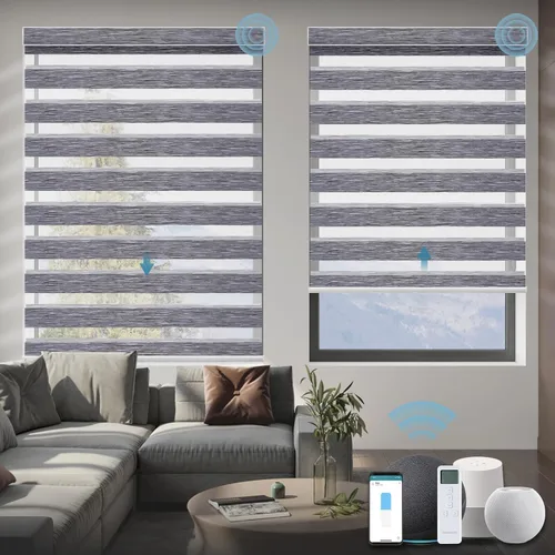 Vista 19 de Persianas motorizadas de cebra, 85 % opacas, automáticas que funcionan con HomeKit, Alexa, Google Home, control remoto, oficina en casa