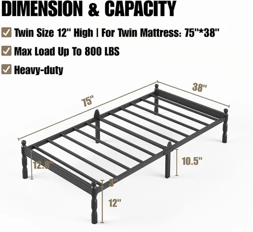 Vista 22 de 12 Inch Heavy Duty Black Metal Platform Bed Frame with Mattress Support, Twin Platform Bed Frame with Under Bed Storage, No Box Spring Needed, Easy
