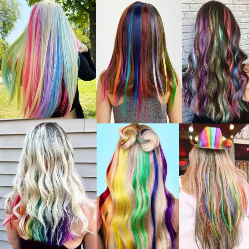 Vista 6 de 12 extensiones de cabello de colores rectas de 20 pulgadas, extensiones de cabello sintético con clip, color arcoíris, con reflejos, para fiesta