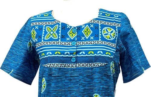 Vista 2 de Loungees Vestido de descanso de algodón con estampado de borde azul de manga corta Canesú con babero de 3 botones, Azul