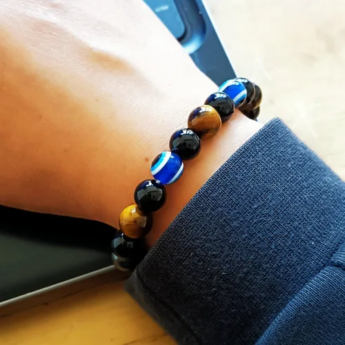 Vista 71 de Pulseras de triple protección con piedra de ojo de tigre de obsidiana negra con hematita para hombres y mujeres, pulsera de piedra curativa