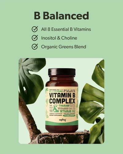 Vista 3 de sapling Complejo vegano de vitamina B, mezcla de alimentos integrales con vitaminas B esenciales B1, B2, B3, B5, B6, B7, folato, B12-60 cápsulas