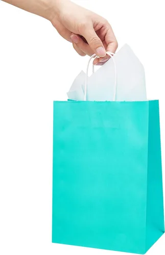 Vista 9 de DjinnGlory Paquete de 24 bolsas de regalo de papel azul turquesa de tamaño mediano con asas de 10 x 8 x 4 pulgadas y 24 papel de seda para Verde