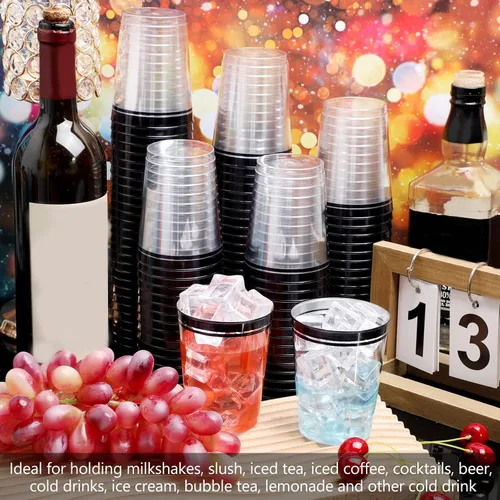 Vista 7 de Zubebe 100 vasos de plástico negro de 10 onzas para fiestas, vasos desechables de champán transparente, vasos de doble borde para Navidad