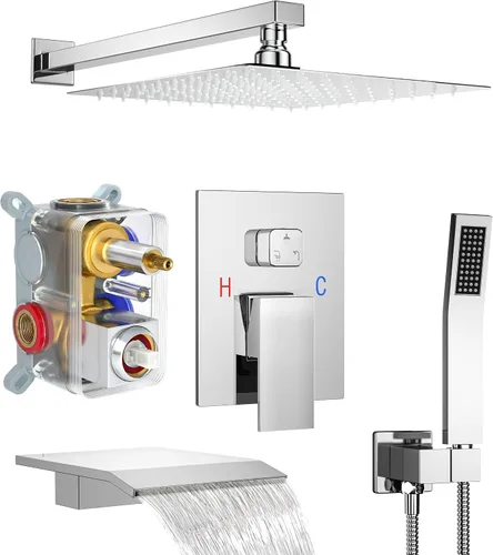 Vista 23 de Sistema de ducha dorado cepillado con cabezal de ducha de lluvia de 10 pulgadas y boquilla de bañera cUPC-certified pressure balance brass valve