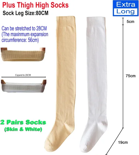 Vista 2 de 2 pares de calcetines altos hasta el muslo de talla grande para muslos gruesos, medias extra largas sobre la rodilla para mujer, calentadores
