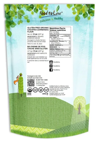 Vista 2 de Food to Live Food to Live Harina de garbanzos orgánica sin gluten, 8 onzas sin OMG, granos de garbanzos secos finamente molidos, vegano, kosher, a