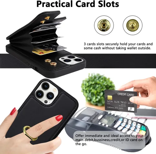 Vista 4 de Funda tipo cartera para iPhone 12 y 12 Pro con soporte para tarjetas, rotación de 360°, soporte de anillo de dedo con función atril, protección