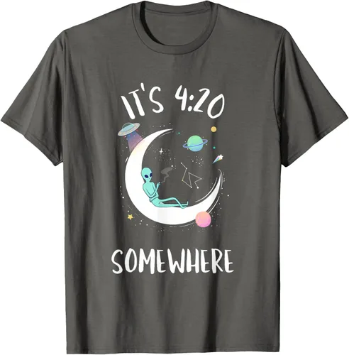Vista 53 de Funny Weed Joint Smoking Moon Alien It's 4:20 Somewhere Camiseta, Negro, S