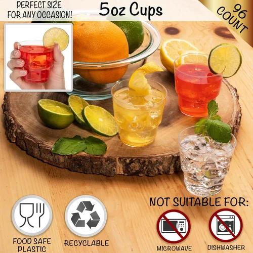 Vista 4 de Vasos pequeños de fiesta de 5 onzas, paquete de 96 unidades, plástico duro transparente, resistente, grado alimenticio para cócteles y bebidas