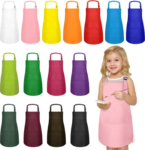 Vista 10 de 15 delantales para niños con bolsillos, delantales ajustables para pintura de chef, a granel para niñas y niños de 6 a 13 años, cocinar, hornear