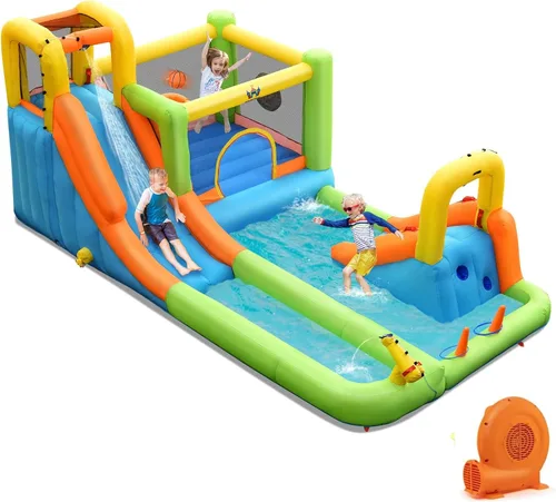 Vista 9 de BOUNTECH Tobogán acuático inflable, 7 en 1 doble tobogán para niños, parque acuático para niños, toboganes de agua inflables para exteriores