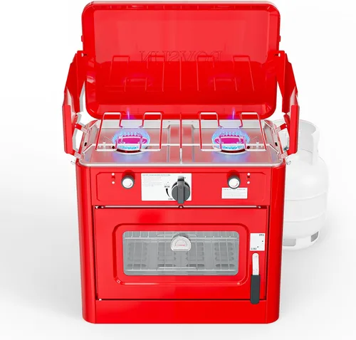 Vista 13 de ROVSUN Estufa de campamento de propano de 20000 BTU con adaptador, 2 quemadores de mesa portátil de propano con mango integrado y panel de viento