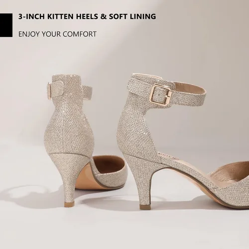 Vista 3 de IDIFU IN3 D'Orsay Zapatos de tacón bajo para mujer, zapatos de vestir puntiagudos con puntera cerrada, correa de tobillo para novia, elegante